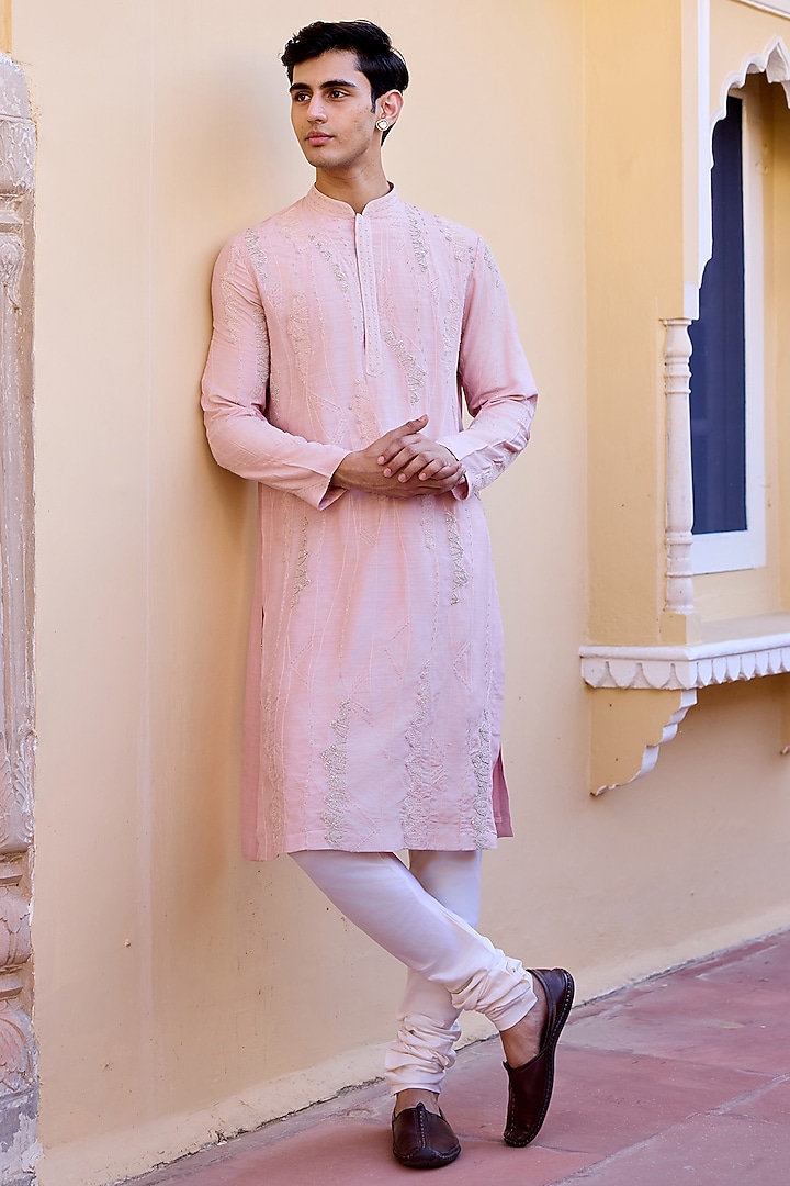 Baby Pink Moonga Silk Zardosi Embroidered Kurta Set by OSAA By Adarsh Men