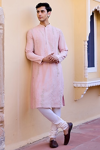 Baby Pink Moonga Silk Zardosi Embroidered Kurta Set by OSAA By Adarsh Men