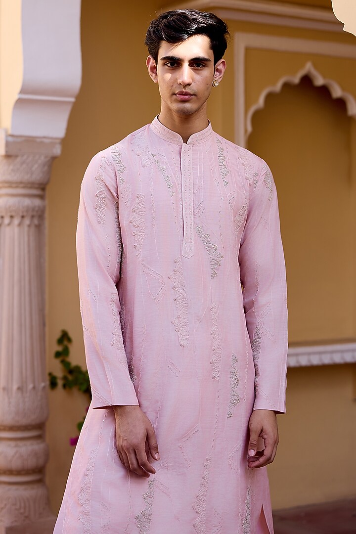 Baby Pink Moonga Silk Zardosi Embroidered Kurta Set by OSAA By Adarsh Men at Pernia's Pop Up Shop