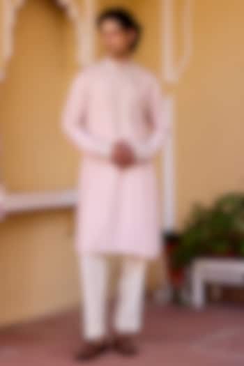 Powder Pink Moonga Silk Zardosi Embroidered Kurta Set by OSAA By Adarsh Men