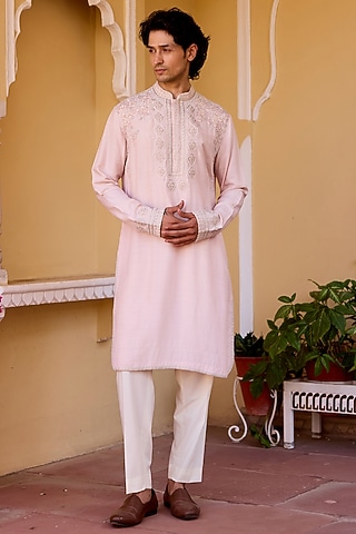 Powder Pink Moonga Silk Zardosi Embroidered Kurta Set by OSAA By Adarsh Men