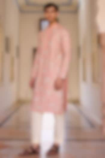 Coral Moonga Silk Zardosi & Applique Embroidered Kurta Set by OSAA By Adarsh Men