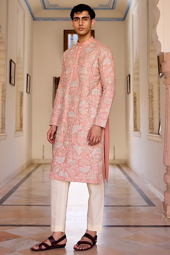 Coral Moonga Silk Zardosi & Applique Embroidered Kurta Set by OSAA By Adarsh Men