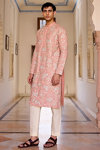 Coral Moonga Silk Zardosi & Applique Embroidered Kurta Set by OSAA By Adarsh Men
