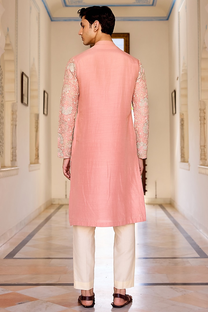 Coral Moonga Silk Zardosi & Applique Embroidered Kurta Set by OSAA By Adarsh Men at Pernia's Pop Up Shop