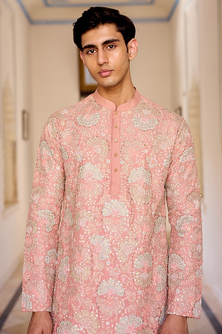 Coral Moonga Silk Zardosi & Applique Embroidered Kurta Set by OSAA By Adarsh Men at Pernia's Pop Up Shop