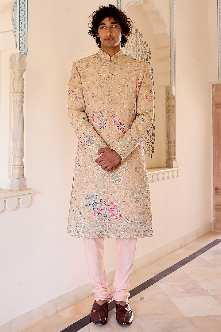 Caramel Taupe Mulberry Silk Zardosi Embroidered Sherwani Set by OSAA By Adarsh Men