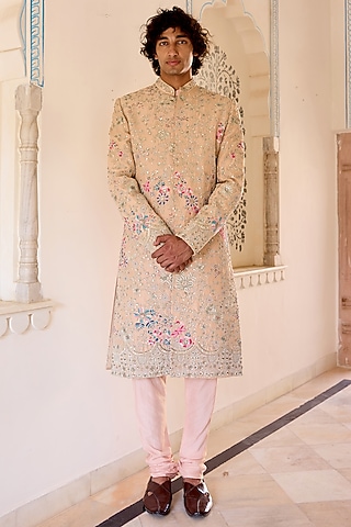 Caramel Taupe Mulberry Silk Zardosi Embroidered Sherwani Set by OSAA By Adarsh Men