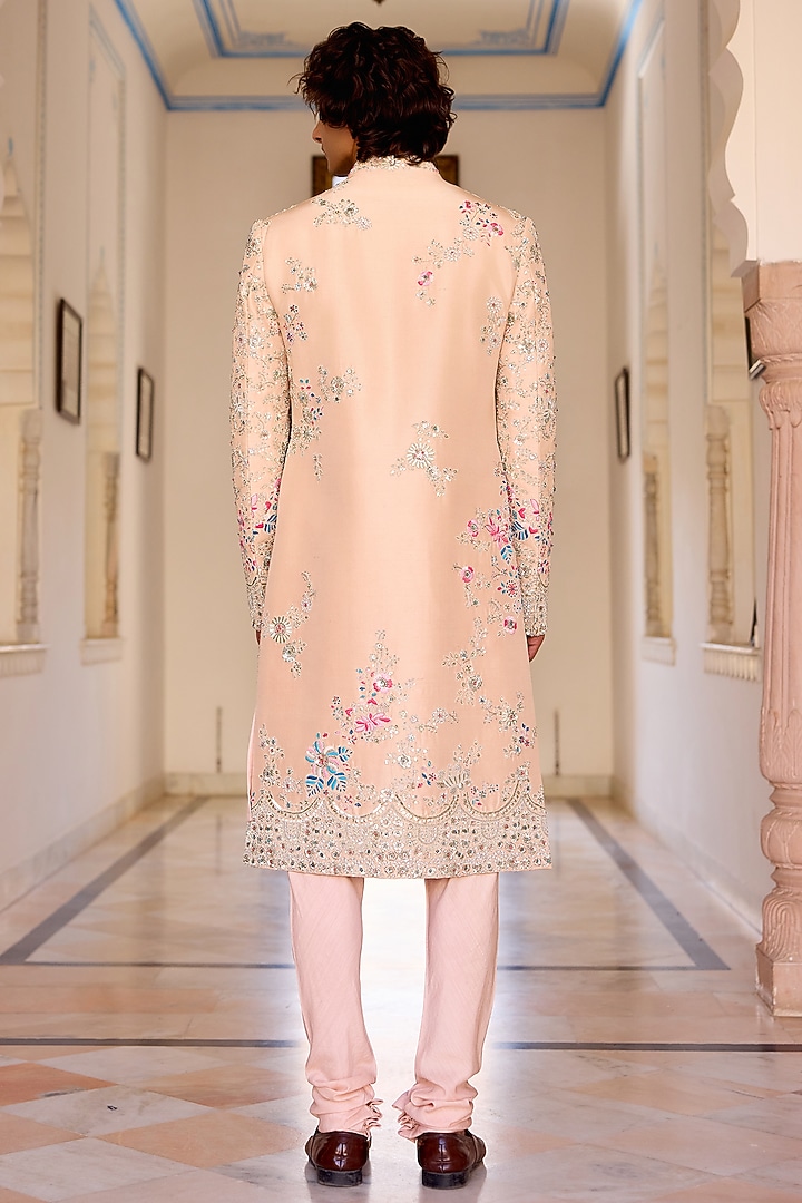 Caramel Taupe Mulberry Silk Zardosi Embroidered Groom Sherwani Set by OSAA By Adarsh Men at Pernia's Pop Up Shop