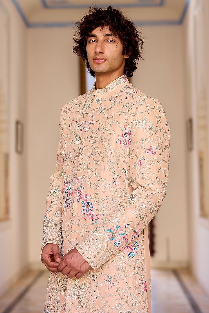 Caramel Taupe Mulberry Silk Zardosi Embroidered Groom Sherwani Set by OSAA By Adarsh Men at Pernia's Pop Up Shop