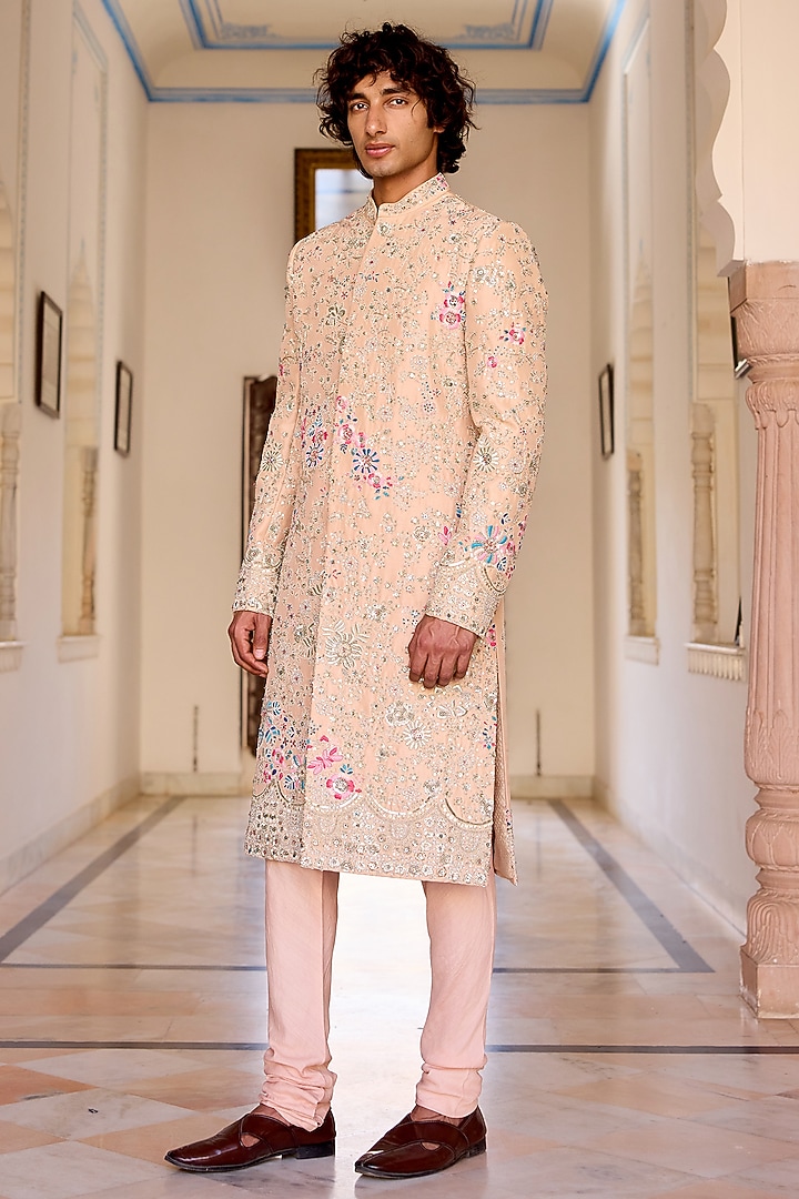 Caramel Taupe Mulberry Silk Zardosi Embroidered Groom Sherwani Set by OSAA By Adarsh Men at Pernia's Pop Up Shop