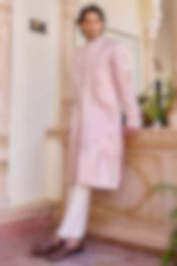 Camellia Pink Linen Satin Zardosi Embroidered Sherwani Set by OSAA By Adarsh Men