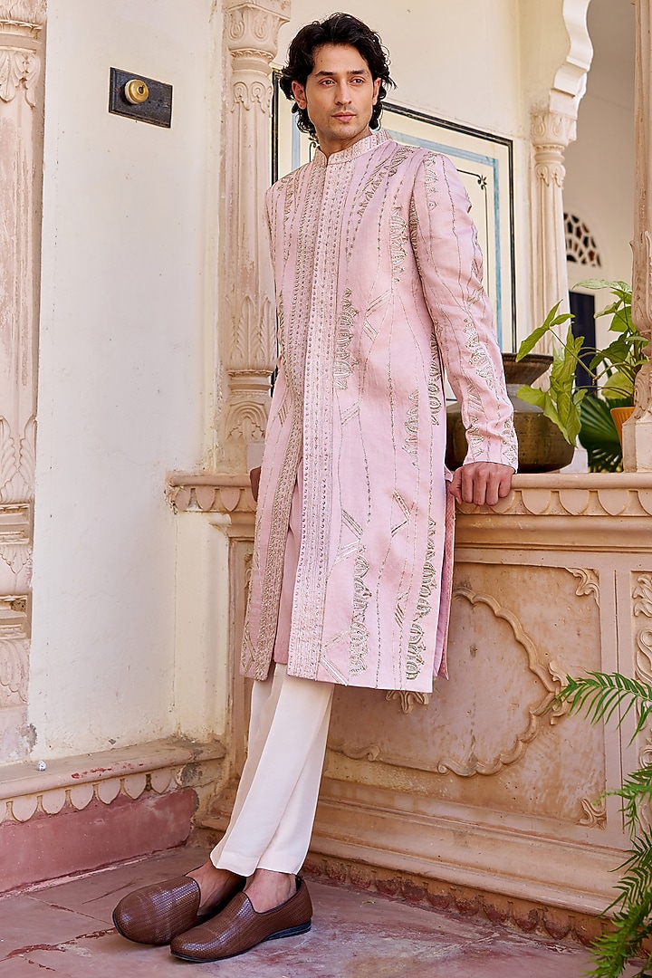 Camellia Pink Linen Satin Zardosi Embroidered Sherwani Set by OSAA By Adarsh Men