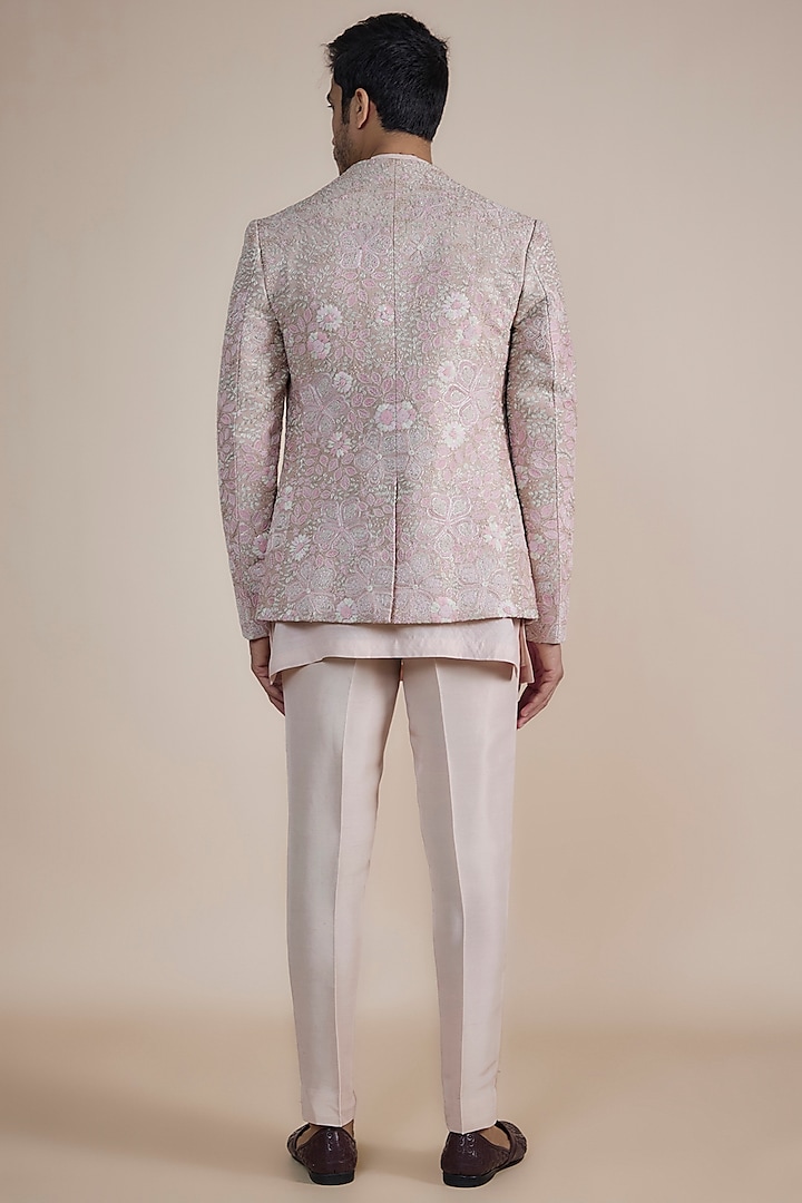 Powder Pink Mulberry Silk & Muga Silk Zardosi Embroidered Bandgala Jacket Set by OSAA By Adarsh Men at Pernia's Pop Up Shop