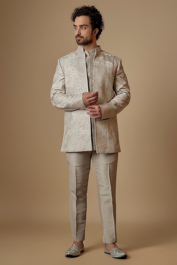 Grey Cupro Satin Dori Embroidered Indo-Western Set by OSAA By Adarsh Men