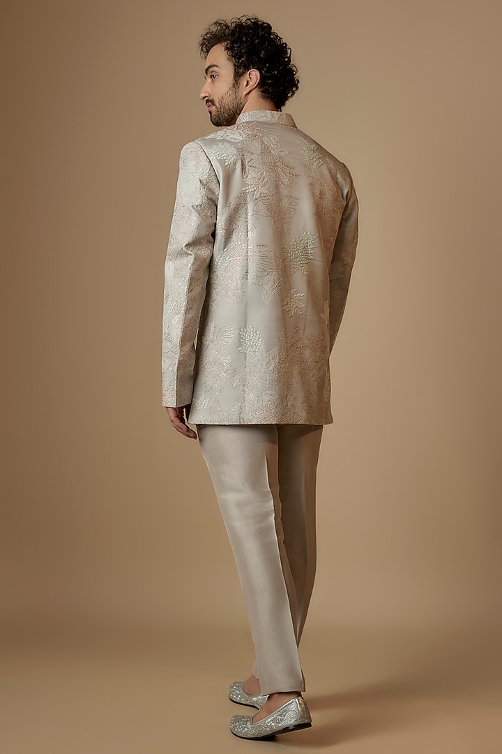 Grey Cupro Satin Dori Embroidered Indo-Western Set by OSAA By Adarsh Men at Pernia's Pop Up Shop