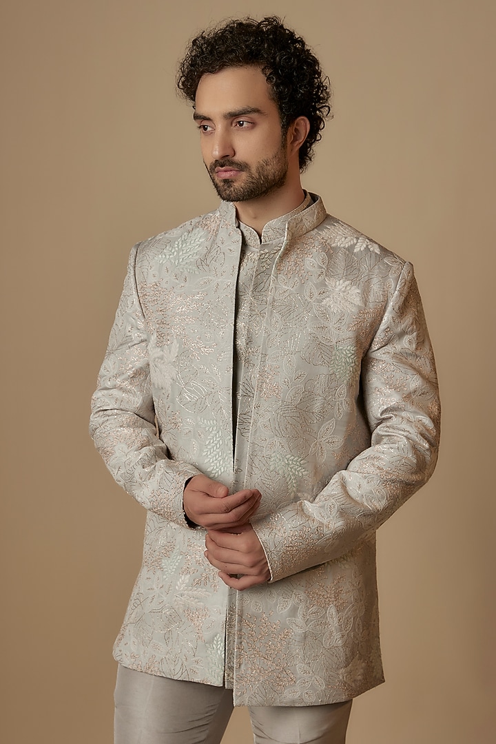 Grey Cupro Satin Dori Embroidered Indo-Western Set by OSAA By Adarsh Men at Pernia's Pop Up Shop