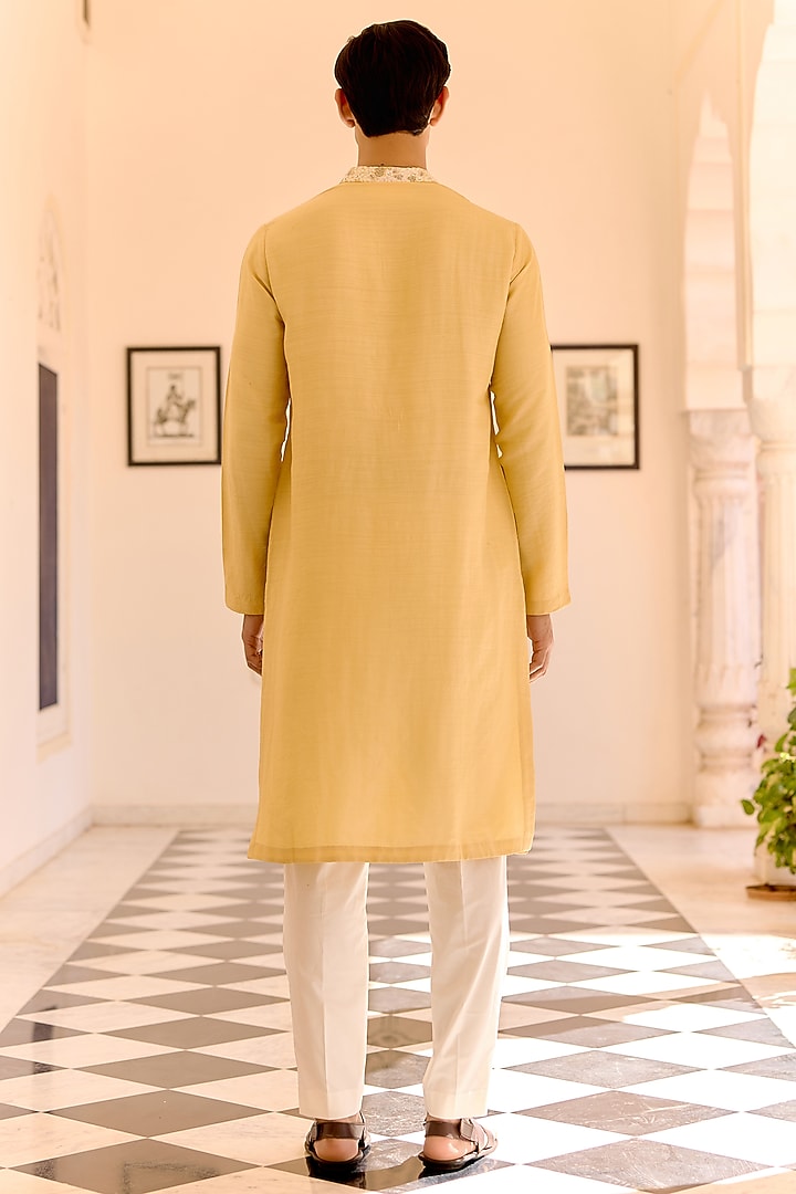 Taupe Lemon Moonga Silk Zardosi Embroidered Kurta Set by OSAA By Adarsh Men at Pernia's Pop Up Shop