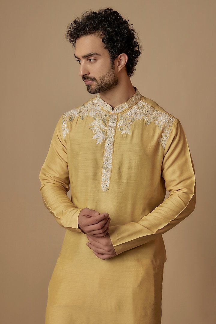 Taupe Lemon Moonga Silk Zardosi Embroidered Kurta Set by OSAA By Adarsh Men at Pernia's Pop Up Shop