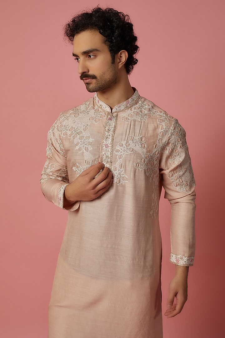 Pink Silk Zardosi Embroidered Kurta Set by OSAA By Adarsh Men at Pernia's Pop Up Shop