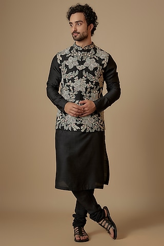 Black Mulberry Zardosi Embroidered Nehru Jacket Set by OSAA By Adarsh Men