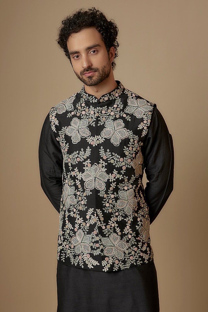 Black Mulberry Zardosi Embroidered Nehru Jacket Set by OSAA By Adarsh Men at Pernia's Pop Up Shop