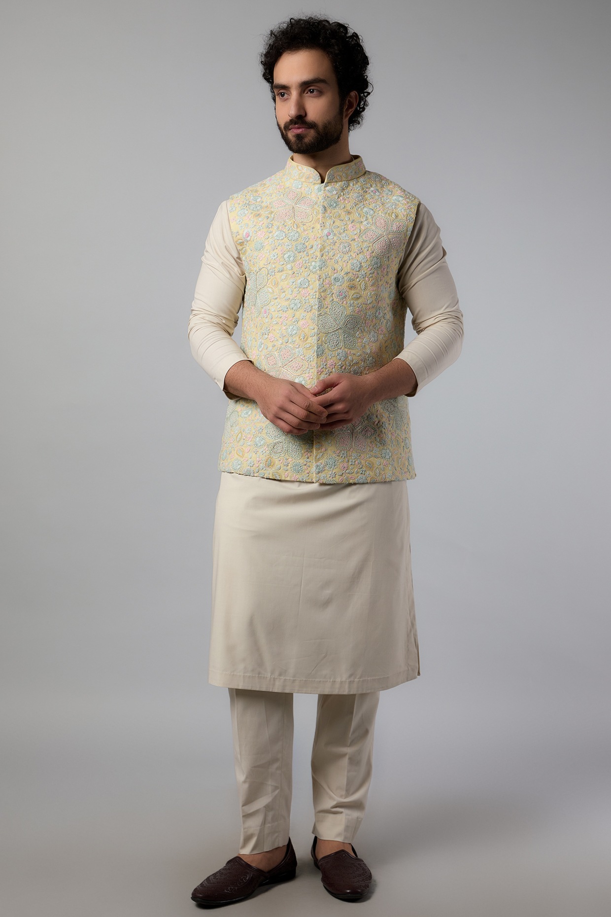 Turquoise Kurta Churidar With Embroidered Nehru Jacket Men 548MW26