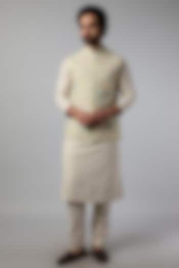 Beige Linen Zardosi Embroidered Nehru Jacket Set by OSAA By Adarsh Men