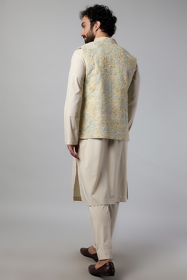 Beige Linen Zardosi Embroidered Nehru Jacket Set by OSAA By Adarsh Men at Pernia's Pop Up Shop