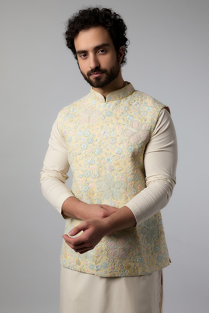 Beige Linen Zardosi Embroidered Nehru Jacket Set by OSAA By Adarsh Men at Pernia's Pop Up Shop