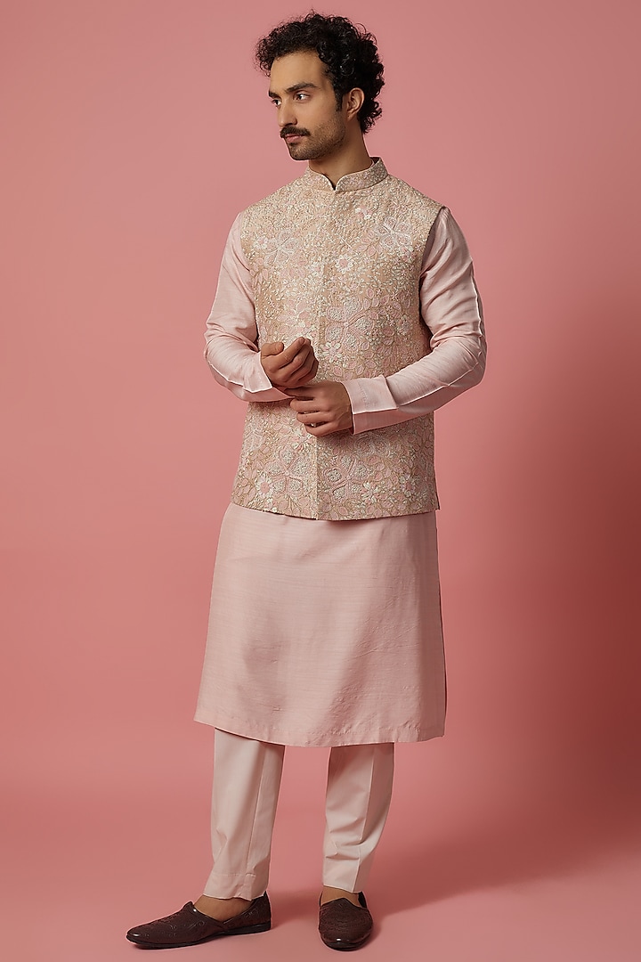 Peach & Powder Pink Mulberry Silk Zardosi Embroidered Nehru Jacket Set by OSAA By Adarsh Men