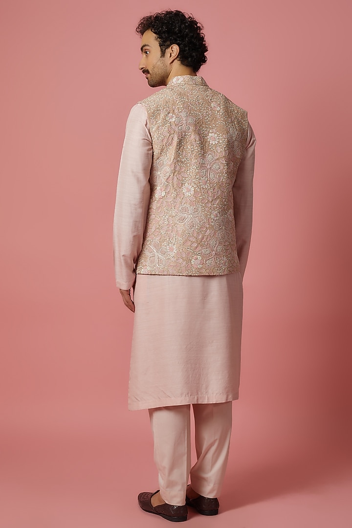 Peach & Powder Pink Mulberry Silk Zardosi Embroidered Nehru Jacket Set by OSAA By Adarsh Men at Pernia's Pop Up Shop