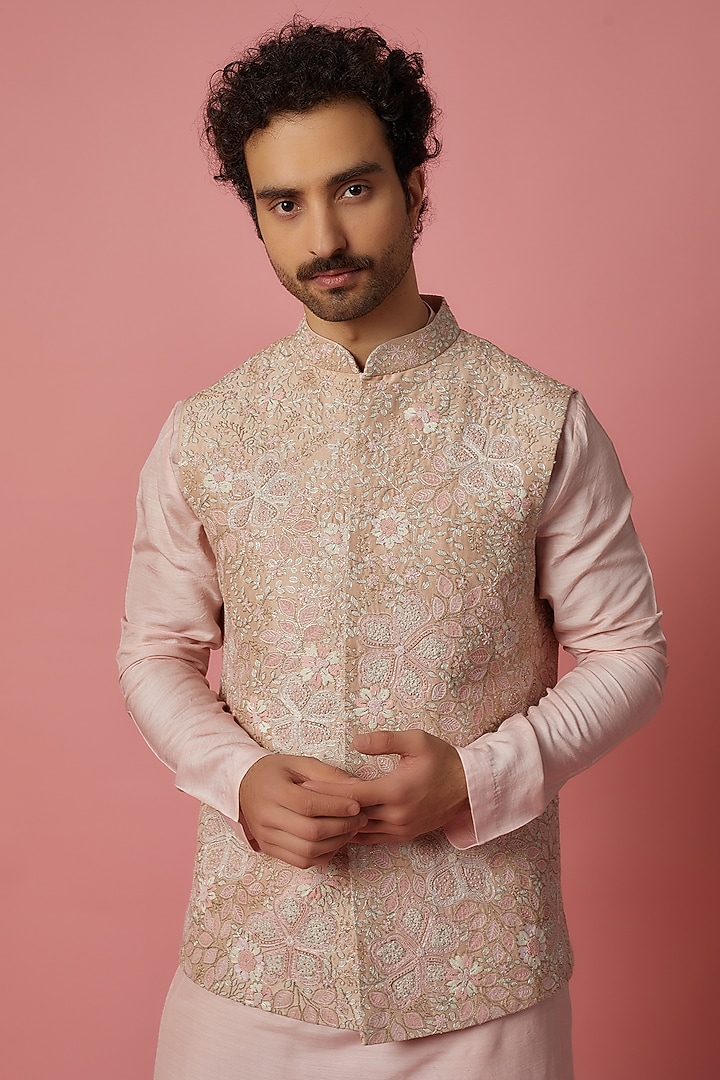Peach & Powder Pink Mulberry Silk Zardosi Embroidered Nehru Jacket Set by OSAA By Adarsh Men at Pernia's Pop Up Shop