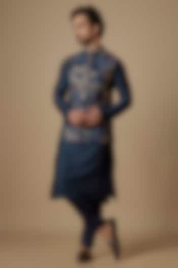 Dark Blue Suiting Zardosi Embroidered Nehru Jacket Set by OSAA By Adarsh Men