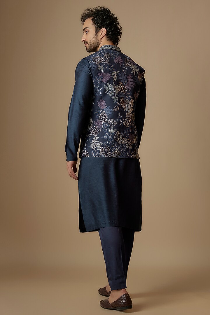 Dark Blue Suiting Zardosi Embroidered Nehru Jacket Set by OSAA By Adarsh Men at Pernia's Pop Up Shop