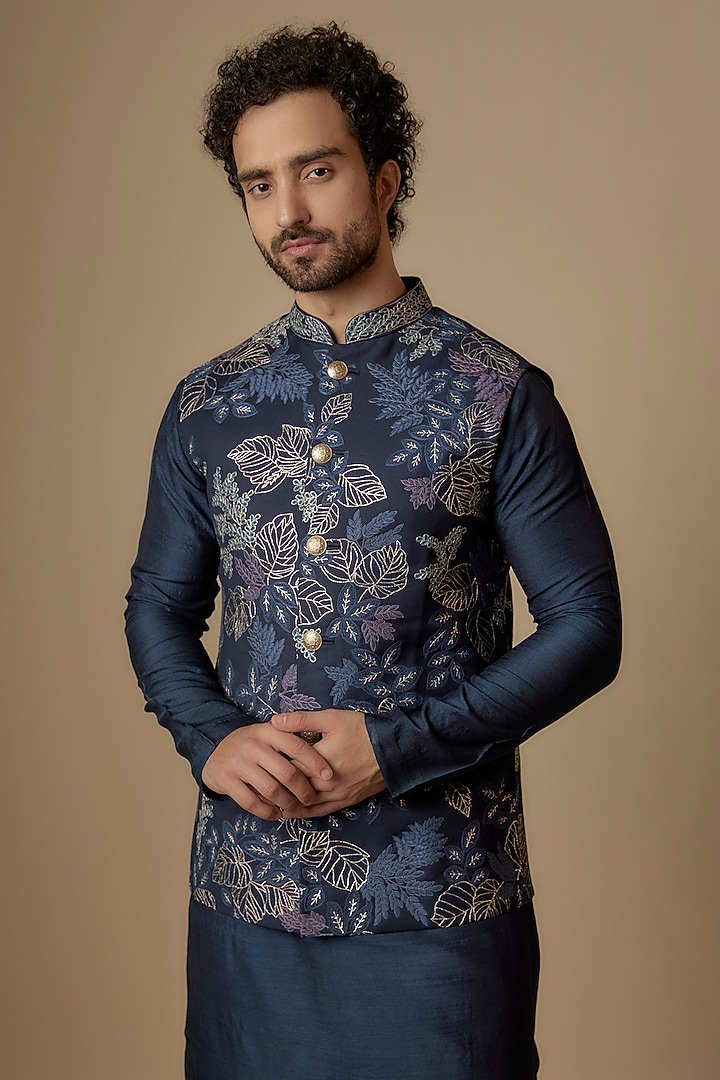 Dark Blue Suiting Zardosi Embroidered Nehru Jacket Set by OSAA By Adarsh Men at Pernia's Pop Up Shop