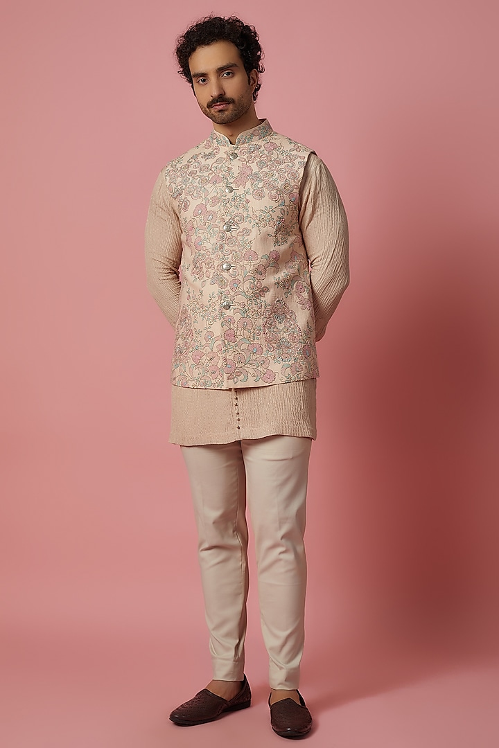 Peach Linen Zardosi Embroidered Nehru Jacket Set by OSAA By Adarsh Men