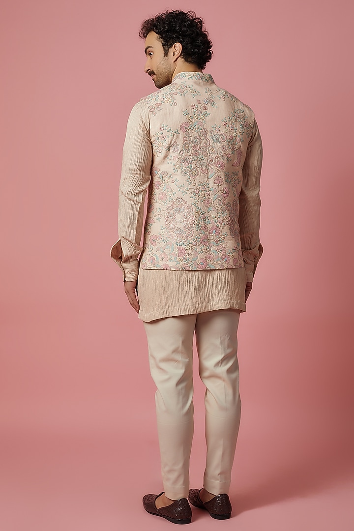 Peach Linen Zardosi Embroidered Nehru Jacket Set by OSAA By Adarsh Men at Pernia's Pop Up Shop