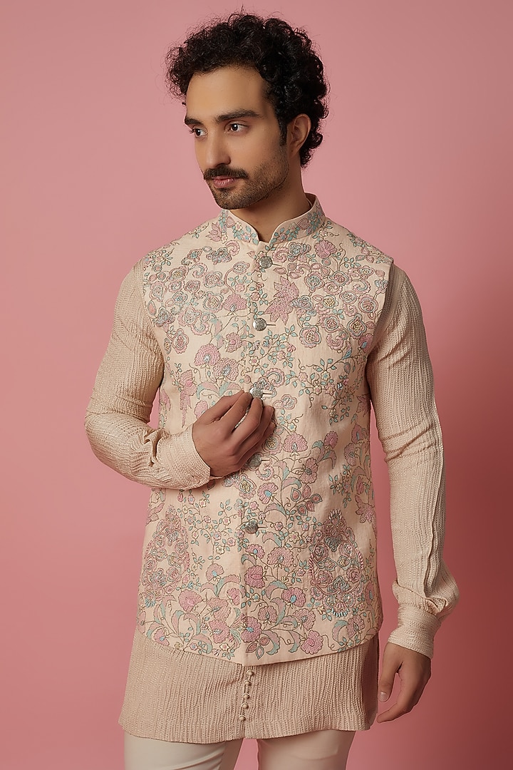 Peach Linen Zardosi Embroidered Nehru Jacket Set by OSAA By Adarsh Men at Pernia's Pop Up Shop