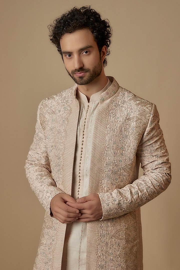 Pink Mulberry Silk Zardosi Embroidered Indo-Western Set by OSAA By Adarsh Men at Pernia's Pop Up Shop
