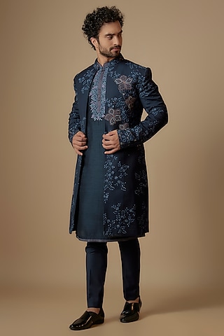 Blue Suiting French-Knot Embroidered Indo-Western Set by OSAA By Adarsh Men