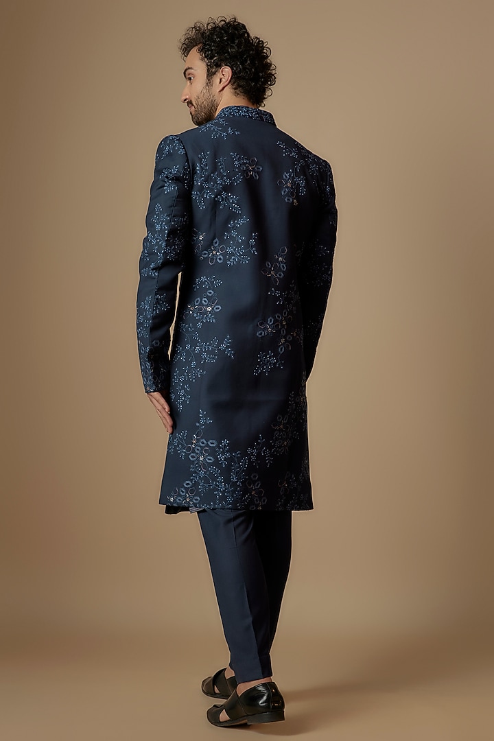 Blue Suiting French-Knot Embroidered Indo-Western Set by OSAA By Adarsh Men at Pernia's Pop Up Shop