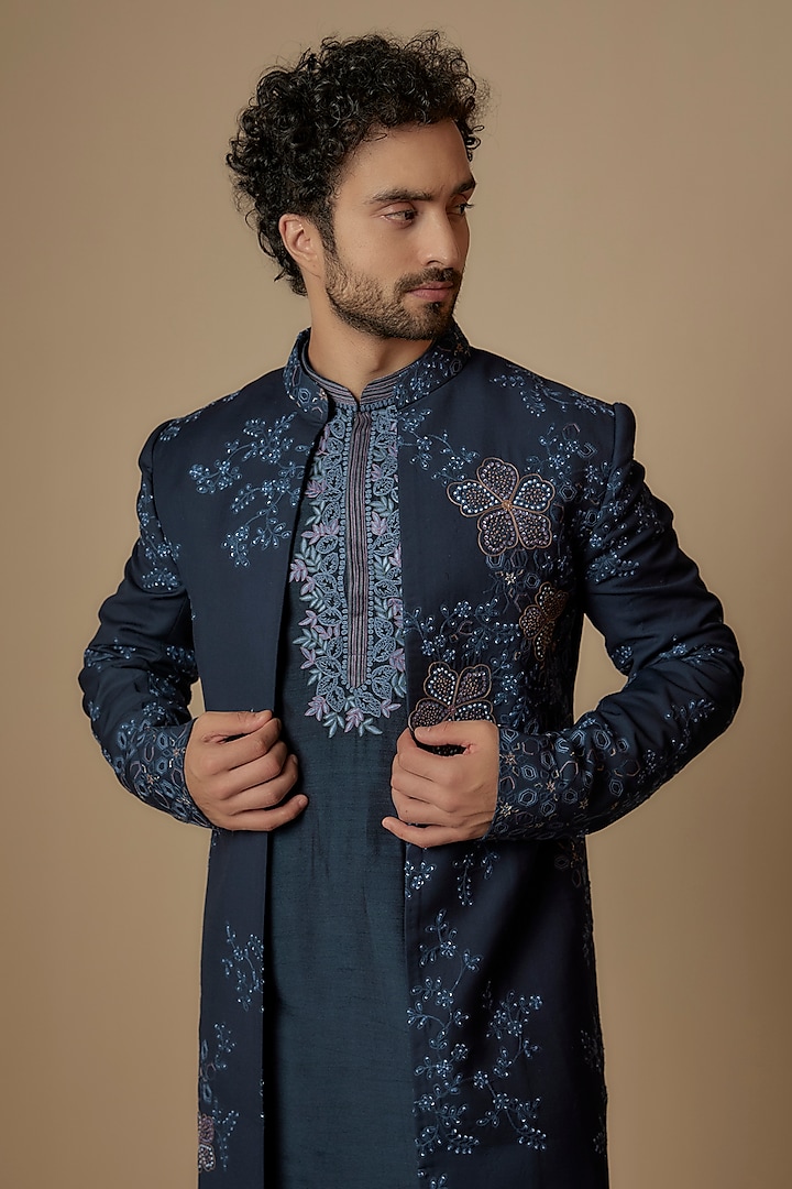 Blue Suiting French-Knot Embroidered Indo-Western Set by OSAA By Adarsh Men at Pernia's Pop Up Shop