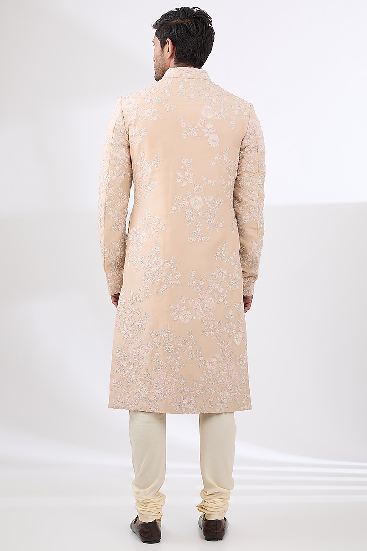 Powder Peach Mulberry Silk Zardosi Embroidered Groom Sherwani Set by OSAA By Adarsh Men at Pernia's Pop Up Shop