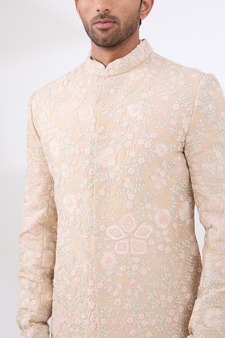 Powder Peach Mulberry Silk Zardosi Embroidered Groom Sherwani Set by OSAA By Adarsh Men at Pernia's Pop Up Shop