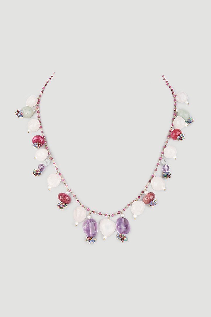 Gold Finish Rose Quartz Necklace In Sterling Silver by OSVAG INDIA at Pernia's Pop Up Shop