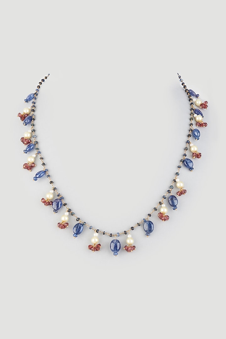 Gold Finish Synthetic Sapphire Necklace In Sterling Silver by OSVAG INDIA at Pernia's Pop Up Shop