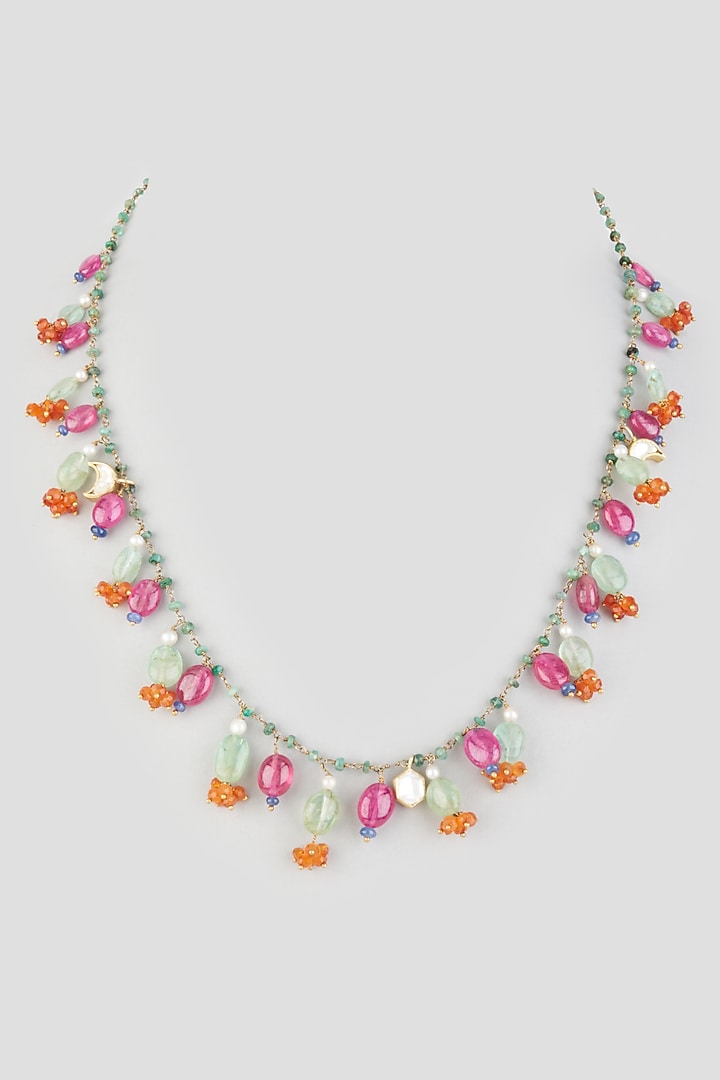 Gold Finish Emerald Necklace In Sterling Silver by OSVAG INDIA at Pernia's Pop Up Shop