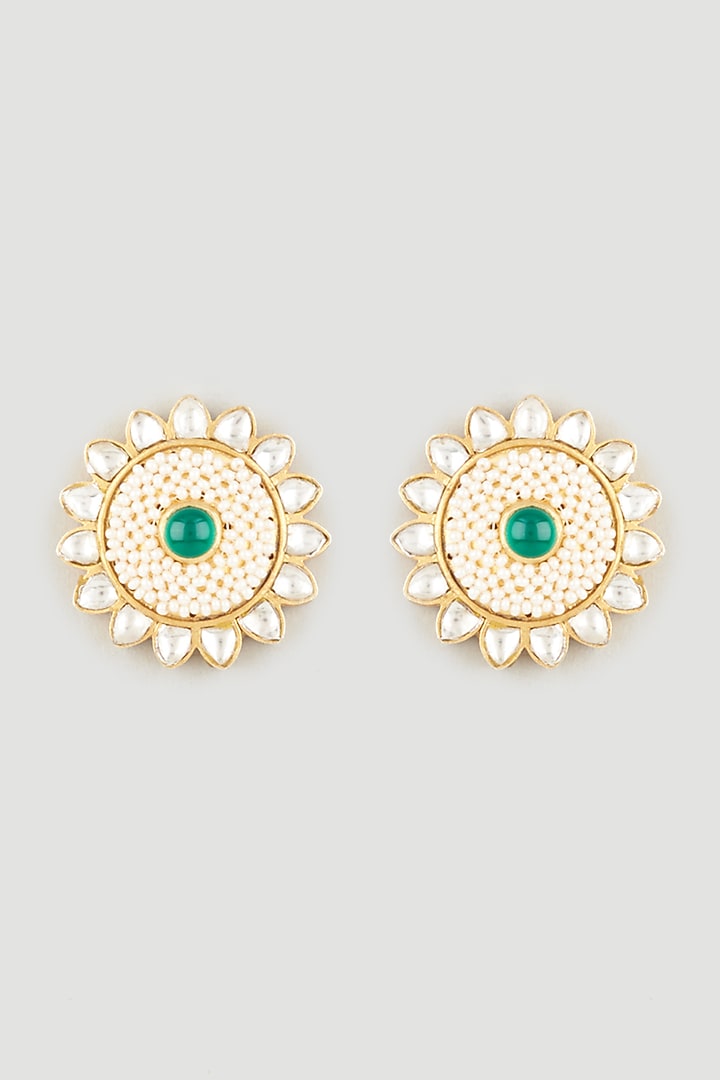 Gold Finish Kundan Polki Stud Earrings In Sterling Silver by OSVAG INDIA at Pernia's Pop Up Shop