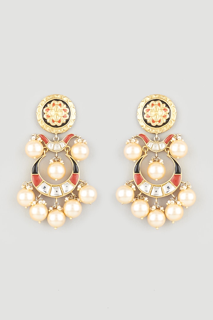 Gold Finish Kundan Polki Chandbali Earrings In Sterling Silver by OSVAG INDIA at Pernia's Pop Up Shop